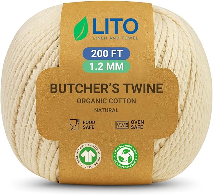 Organic Butcher’s Twine for Cooking & Trussing – 1.2mm Heavy-Duty Natural Cotton Kitchen Twine 200 Feet – Food-Safe, Oven-Safe String for Meat, Turkey, Baking, & Crafts