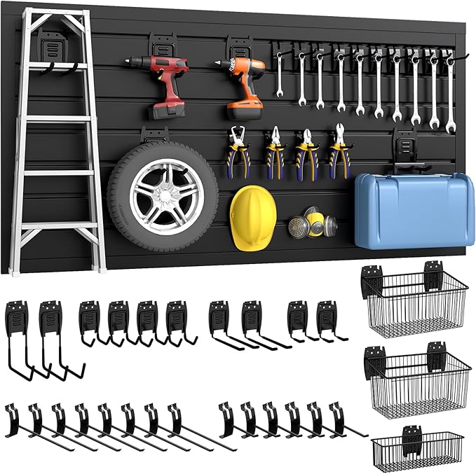 DoCred Slatwall Paneling Organizer, 4x2 FT PVC Garage Slat Wall Storage Systems, Heavy Duty Mounted Slat Peg Board for Tool Organization Ladder Bike Includes 27 PCS Hooks Accessories Kit (Black)