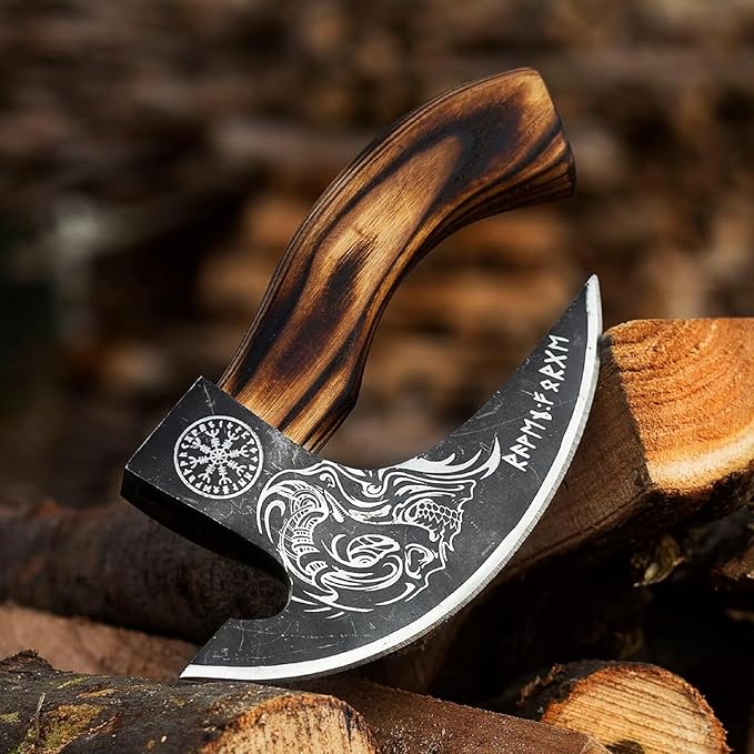 Multipurpose Viking Pizza Axe with Sheath, Viking Butcher Axes, Cutter - Burned Wood Handle & Heavy Duty Skull Head - Perfect for Cutting Pizza, Meat, Vegetables(Skull)