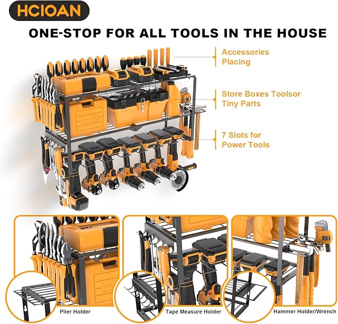 Large Power Tool Organizer Wall Mount, Power Tool Shelf System Battery Storage with 8 Cordless Drill Holder,3 Layers Heavy Duty Metal Loads 450lbs,Utility Racks for Garage Workshop
