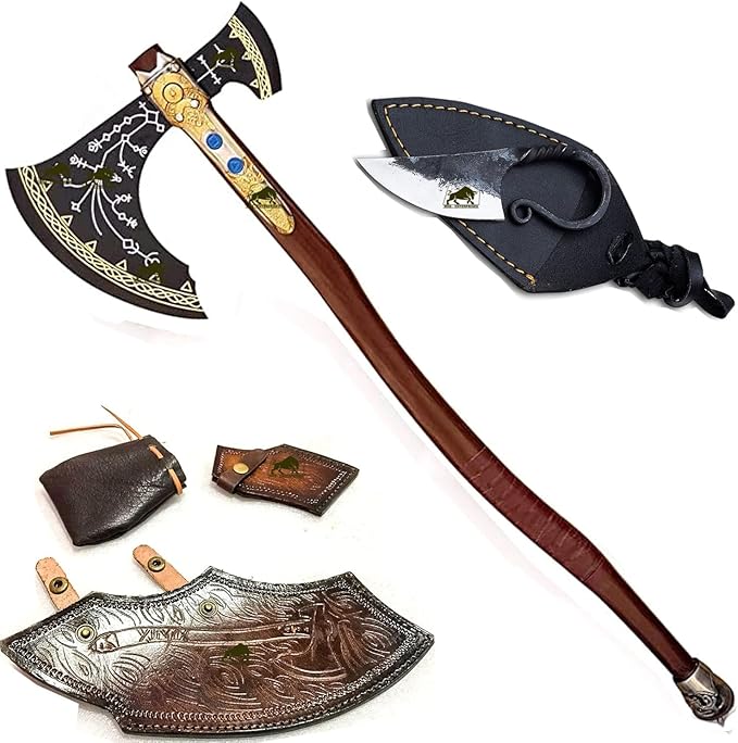 Kraatos War Axe Viking Battle Axe, Replica Ax - Handmade Forged Stainless Steel Axe Prop Tool with Viking Axe Hatchet, Solid Wood Handle Skarde, Seax Men's Gift