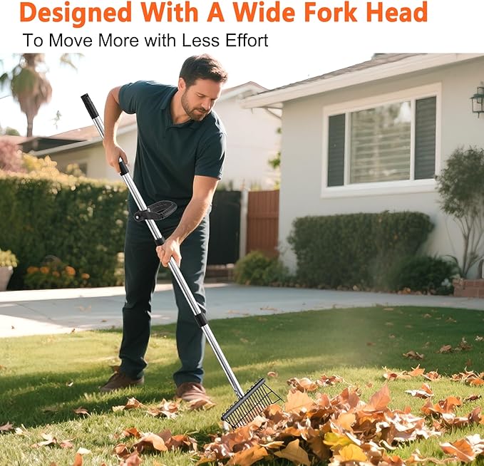 Pitch Forks for Garden with 18 Tines, 53" Non-Slip Adjustable Steel Handle, Durable Broadfork for Turning Mulch and Hay, Gardening Pitchfork with Universal Extension Handle Attachment For Licorice