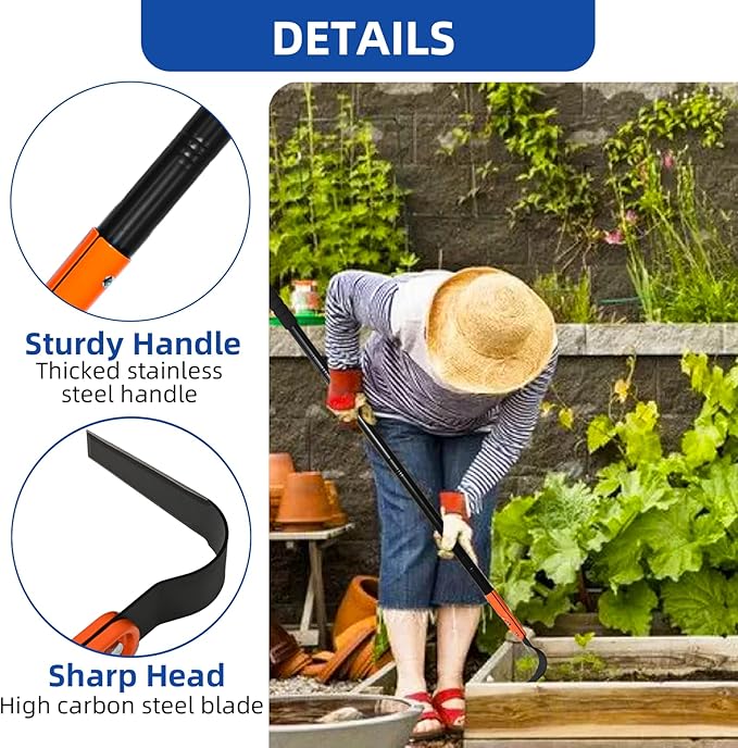 L Shaped Grass Hoe Multifunctional Garden Hoe Tool, Crevice Weeding Hoe with Adjustable Long Handle, Efficient Sharp Three Sided Blade for Weeding Cultivating and Lawn Care