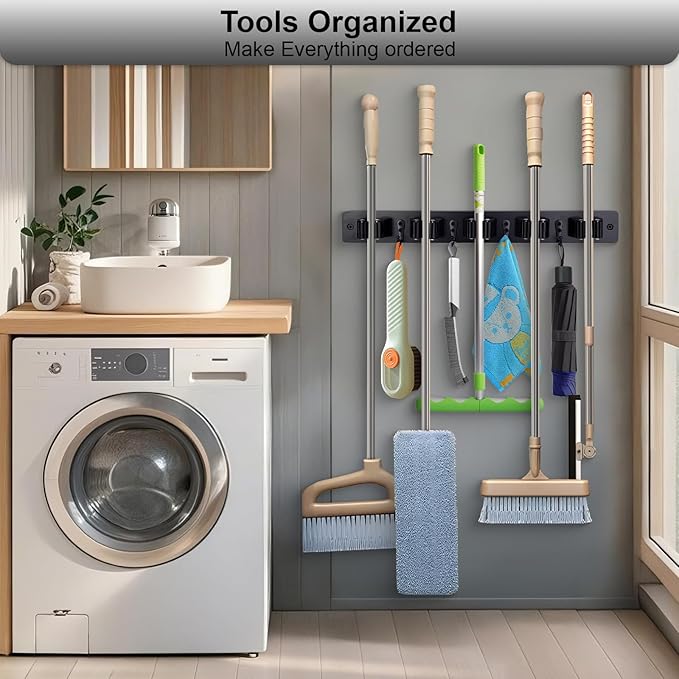 Broom Holder Wall Mount With 5 Slots & 4 Hooks,Rustic Wood Broom & Mop Hanger,Wall Mounted Garden & Garage Tool Storage Organizer Rack for Closet Laundry Room or Kitchen Wall Decor Black