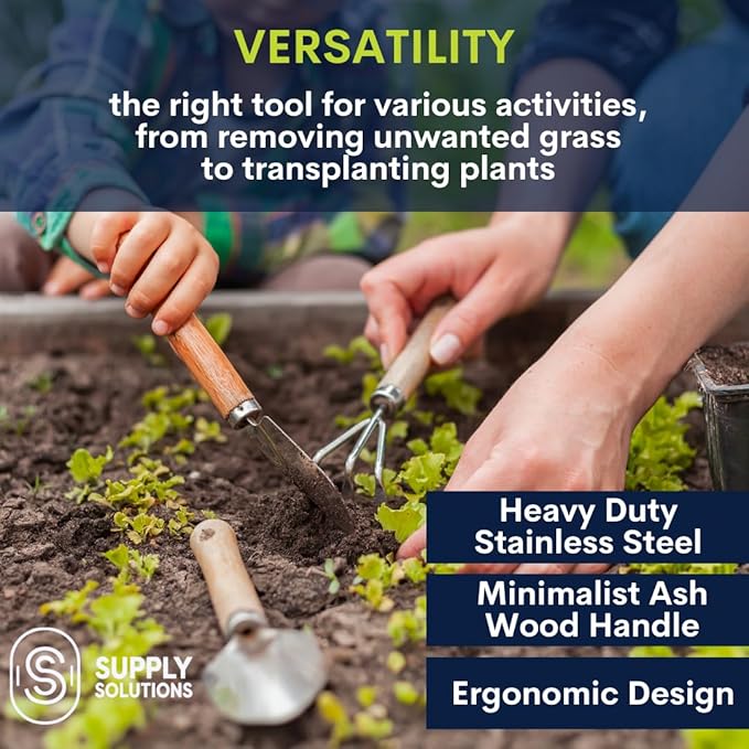 Supply Solutions Gardening Tools - Perfect Garden Tools for Women or Men - Small Heavy Duty Gardening Hand Tools with Trowel, Transplanter, Fork, Rake, and Cultivator - Ergonomic Design Gardening Kit