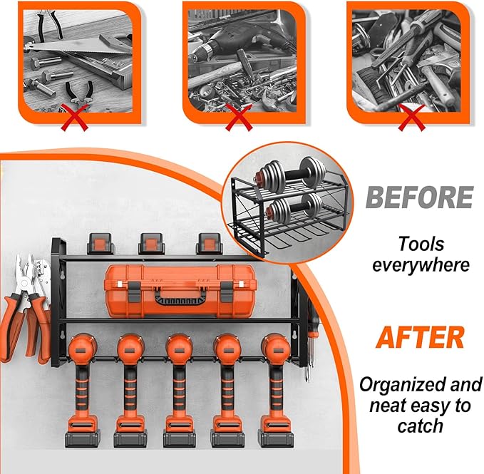 3 Tier Metal Cordless Tool Organizer, Power Tool Organizer Wall Mount for Men Love Tidy Spaces, Heavy Duty Wall Mount Garage Storage For Work Shop, Garage On Pegboard, Wood, Concrete