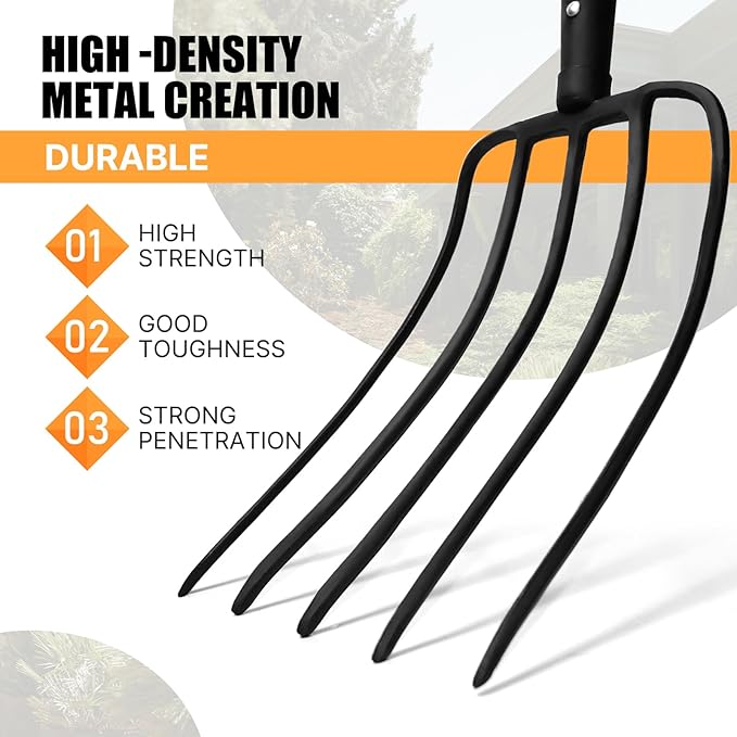 Pitchfork,5 Tine Garden Fork,Pitchforks for Gardening,Pitch Fork with Long Fiberglass Handle,57inches,Orange