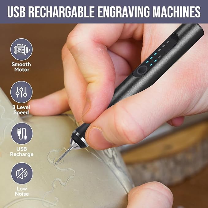 Electric Engraving Pen with 37 Bits, USB Rechargeable Cordless Engraving Machine, Portable DIY Rotary Engraver for Jewelry Wood Glass Stone Carving, Black