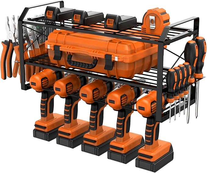 3 Tier Metal Cordless Tool Organizer, Power Tool Organizer Wall Mount for Men Love Tidy Spaces, Heavy Duty Wall Mount Garage Storage For Work Shop, Garage On Pegboard, Wood, Concrete