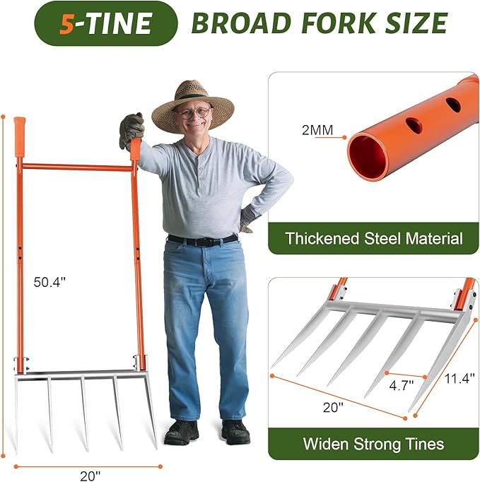5-Tine Broadfork, 50" Broad Fork Garden Tool Heavy Duty Digging Pitch Fork with H-Shaped Design for Gardening, Farm Cultivating, Loosening Soil
