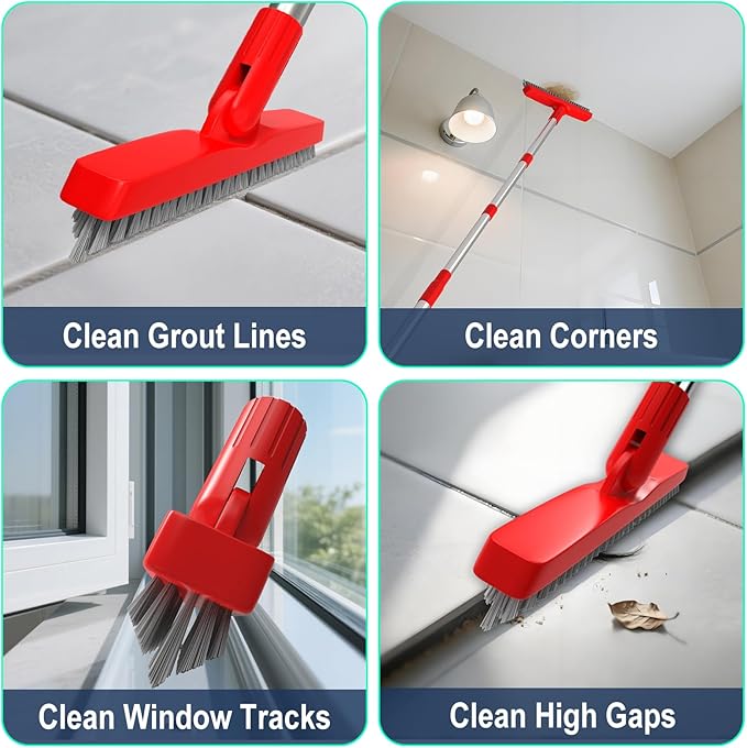 ITTAHO 2 Pack Grout Brush with Long Handle, Swivel Cleaning Grout Line Scrubber - Extendable Durable Handle Grout Cleaner Brush for Bathroom,Tile,Baseboard,Walk in Shower,Corner & Narrow Space (Red)
