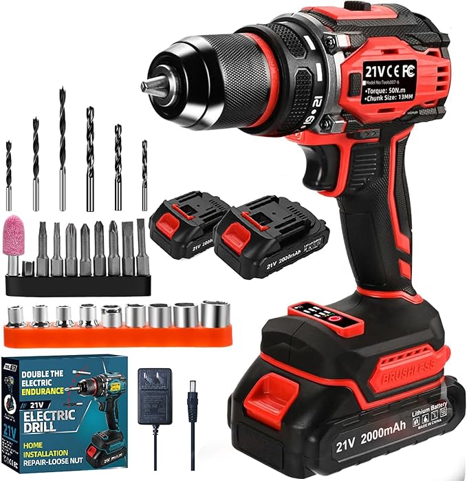 21V Cordless Power Drill/Driver Set, 2 Variable Speeds with LED Light, 3/8" Keyless Chuck, 2 Batteries & Charger, 28-Piece Kit for Home Use(Red)