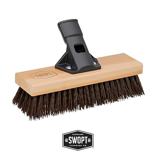 SWOPT 10" Rough Surface Deck Brush, 24" Multi-Surface Push Broom + 60" EVA Foam Comfort Grip Wooden Handle, Broom Kit Combo — 2 Cleaning Heads and Long Handle Interchangeable with SWOPT Cleaning Head