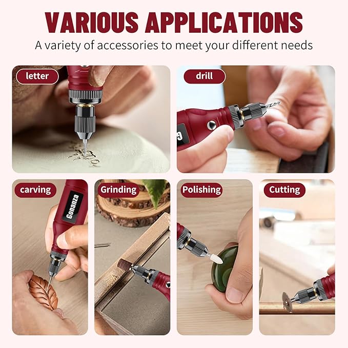 GONANZA Mini Cordless Rotary Tool Kit - 5-Speed, 3.7V Power Supply with LED Light 62 Accessories for Engraving, Sanding, Polishing, Type-C Rechargeable Perfect for DIY Crafts and Precision Work(Red)