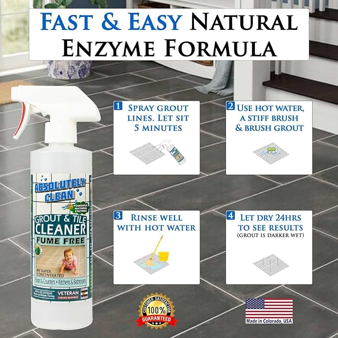 Absolutely Clean FAST GROUT CLEANER! - Professional Strength, Natural Enzyme Formula - Fast Acting, Fume Free - USA Made (16oz Cleans Up To 250 sq ft)