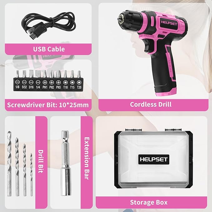 8V Cordless Drill Driver Set - 3/8" Keyless Chuck, 15pcs Drill Bits Included, Built-in LED Light for Drilling & Screwing, Comes with Toolbox for Storage (Pink)