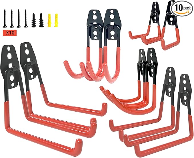 Garage Hooks Heavy Duty Wall Mounted Hooks with Anti-Slip Coating – Garage Storage Hooks for Ladders, Bikes, Tools, Bulk Items, and More – 10 Pack Tool Organizer Hooks for Garage Organization