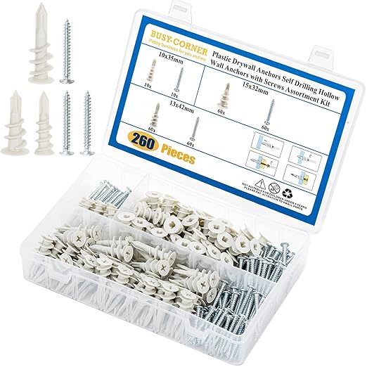 260 PCS Self Drilling Drywall Anchors, 3 Sizes Nylon Plastic Wall Anchors with Screws for Drywall, No Pre Drill Hole Preparation Required, 10x35mm, 13x42mm, 15x32mm