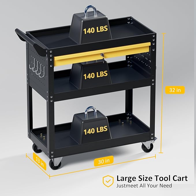3 Tier Rolling Tool Cart on Wheels, Heavy Duty Utility Cart, Work Cart with Drawers and Pegboards, 440 LBS Loading Capacity Tool Storage Trolley for Mechanic, Garage, Workshop