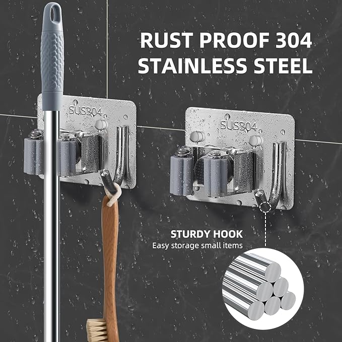 Broom Holder Wall Mount with Screws (4 Pack) Broom and Mop Organizer Wall Hanging, Anti-Slip Mop Holder Broom Hanger with Hooks, Stainless Steel Tool Rack for Garden Garage Organization