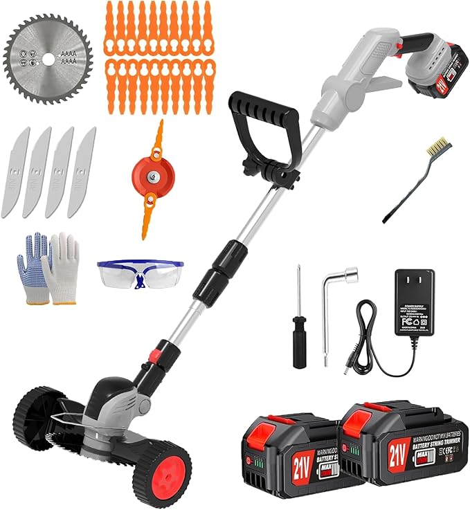 Weed Wacker Cordless Battery Powered Electric Weed Trimmer with 2X 21V/4.0Ah Battery Operated & Wheels 3 Types Blades, 3 in 1 Stringless Grass Trimmer/Edger/Brush Cutter for Garden Yard Lawn(Gray)