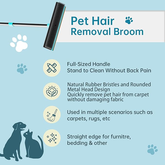 Carpet Rake - 60" Long Handle Pet Hair Removal with Metal Fabric Edge Design,Carpet Rake for Pet Hair Removal, Dog Cat Fur Remover Rubber Broom,Rug,Car Mat,Couch,Pet Bed,Furniture(4 Pack)