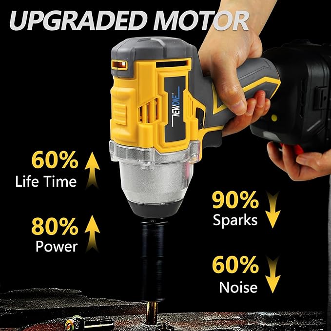NEWONE Crodless Impact Wrench with 2.0AH Battery, 370 Ft-lbs (500N.m) Impact Gun 1/2 inch,20V Powered Brushless Motor Wrench with 6pcs Drill/Driver Bits,4 Sockets,Charger
