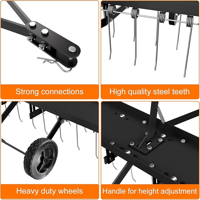 48" Tow Behind Lawn Dethatcher, Pull Behind Rake with 24 Rust-Proof Tines and Heavy Tires, Lawn Tractor Rake with Lift Handle, Black Tow Behind Rakes to Remove Thatch, Leaves from Large Lawn Area