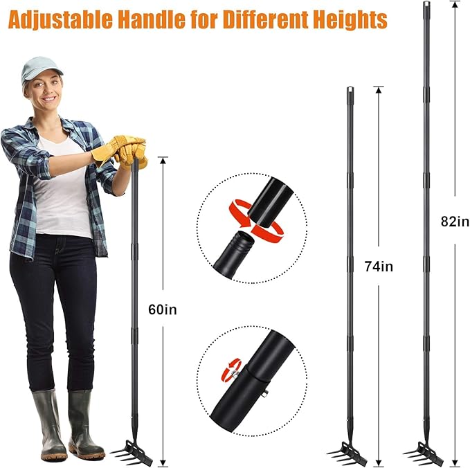 Hula Hoe Garden Tool - 2 in 1 Stirrup Action Hoe & Rake,Heavy Duty Weeding & Cultivating Tool,Adjustable Long Handle (36”-74”),Sharp Carbon Steel Blade for Effortless Gardening