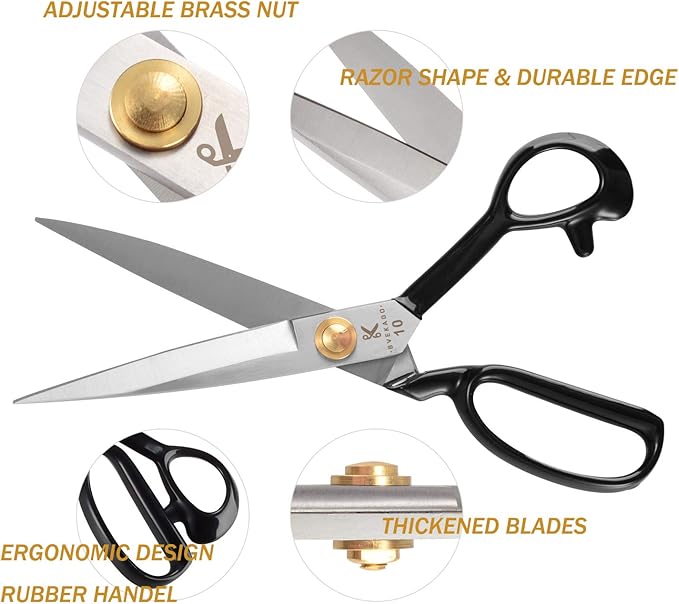 Sewing Scissors 10 Inch - Fabric Dressmaking Scissors Upholstery Office Shears for Tailors Dressmakers, Best for Cutting Fabric Leather Paper Raw Materials Heavy Duty High Carbon Steel(Right-Handed)