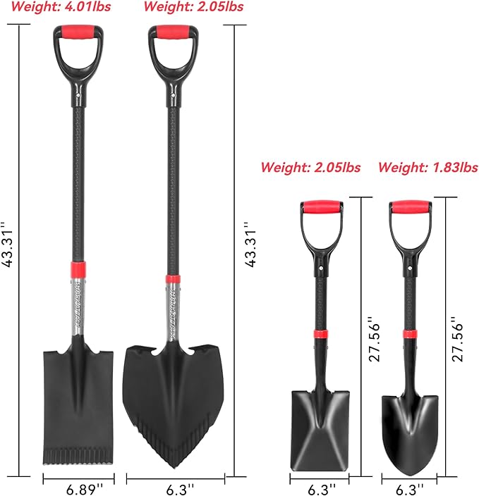 SHARK ATTACK 4-Piece Steel Shovel Set with D-Grip Handles - Multi-Size Garden Shovels with Powder Coating for Digging, Planting & Car Emergency