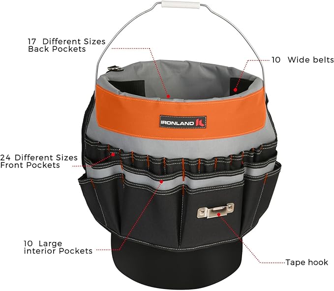 IRONLAND Bucket Tool Organizer Fit 3.5-5 Gallon Bucket, 51 Pockets, Bucket Tool Caddy Organization for Garden, Construction, Carpenter, Electrician, Builder Orange & Black