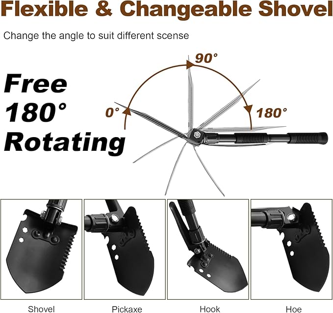 Folding Camping Shovel, Carbon Steel Multi-Tool Survival Shovel for Outdoor, Emergency, Hiking, Car Off-Road (Black)