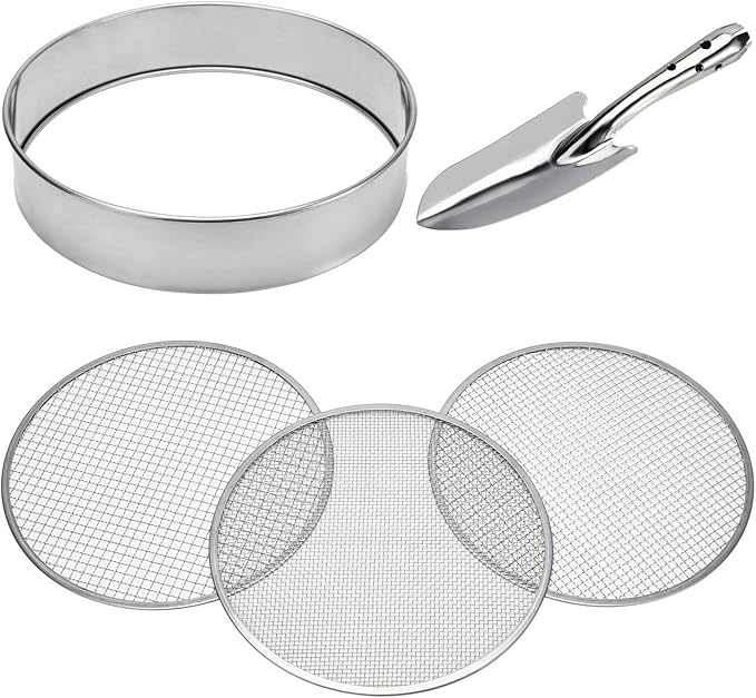 Soil Sieve Stainless Steel Riddle Sieve Set, 12" Diameter, with 3 Interchangeable Filter Mesh Sizes 3,6,9mm and Shovel