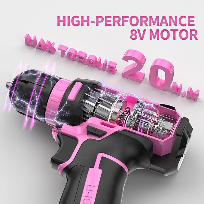 8V Cordless Drill Driver Set - 3/8" Keyless Chuck, 15pcs Drill Bits Included, Built-in LED Light for Drilling & Screwing, Comes with Toolbox for Storage (Pink)