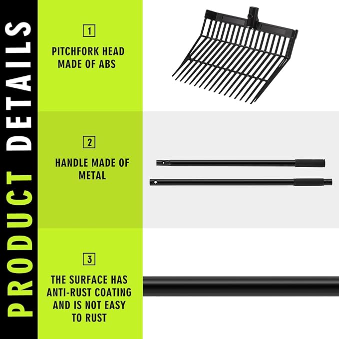 Lasnten 3 Sets Manure Fork with Long Metal Handle Pitch Fork Manure Rake Heavy Duty Muck Rake for Gardening Horse Stall Stable Grass Hay Cleaning Farm Work(Black)