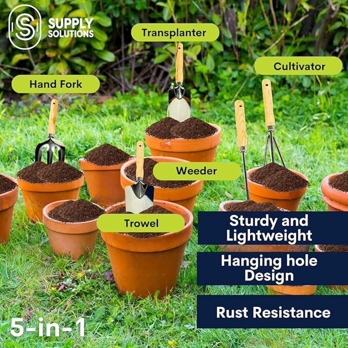 Supply Solutions Gardening Tools - Perfect Garden Tools for Women or Men - Small Heavy Duty Gardening Hand Tools with Trowel, Transplanter, Fork, Rake, and Cultivator - Ergonomic Design Gardening Kit