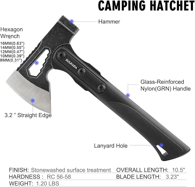 SULKADA Camping Hatchet, 10.5 Inch Survival Axe,Stainless-Steel Blade,Fiberglass Shock Reduction Handle with Anti-Slip Grip, for Chopping Wood,Gardening and Outdoor Survival,Gift for Dad Men