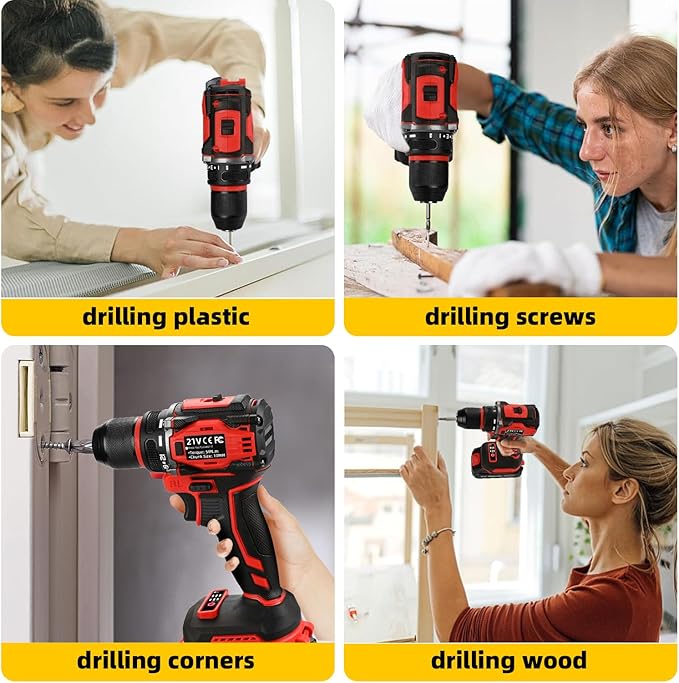 21V Cordless Power Drill/Driver Set, 2 Variable Speeds with LED Light, 3/8" Keyless Chuck, 2 Batteries & Charger, 28-Piece Kit for Home Use(Red)