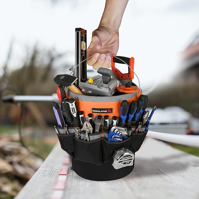 IRONLAND Bucket Tool Organizer Fit 3.5-5 Gallon Bucket, 51 Pockets, Bucket Tool Caddy Organization for Garden, Construction, Carpenter, Electrician, Builder Orange & Black