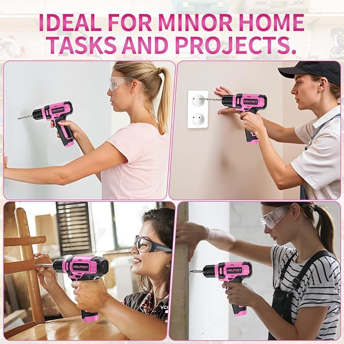 8V Cordless Drill Driver Set - 3/8" Keyless Chuck, 15pcs Drill Bits Included, Built-in LED Light for Drilling & Screwing, Comes with Toolbox for Storage (Pink)