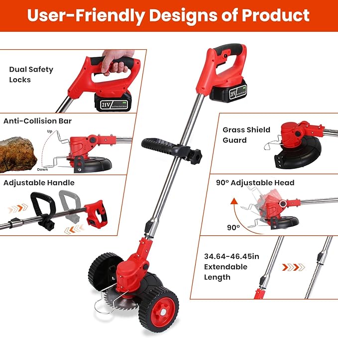 Cordless Weed Wacker, 2x2.5Ah Battery Powered Grass Trimmer, Electric Weed Eater with Wheels, 3-in-1 Electric Lawn Edger with 3 Types Blades Brush Cutter for Garden, Yard