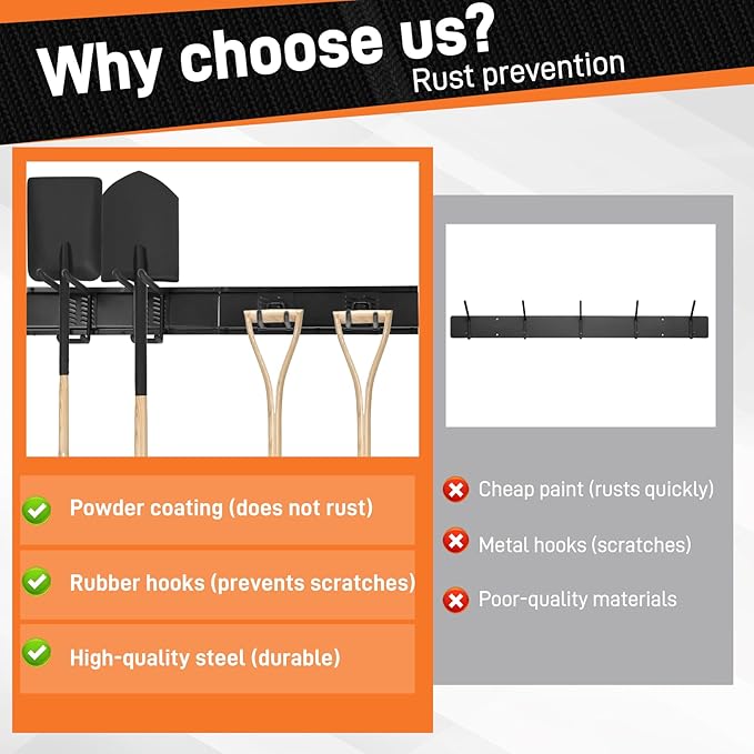 66" Garage Tool Organizer Wall Mount - 720lbs Heavy Duty Metal Rack with Adjustable Hooks, Anti-Rust Shed Storage for Shovels/Rakes/Brooms/Mowers, Efficient Garage & Garden Organization