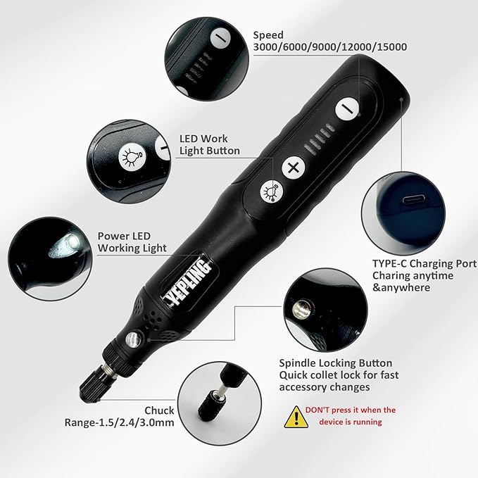Cordless Rotary Tool, 3.7V Li-ion Electric DIY Mini Grinder Kit with Front LED Work Light, 5 Variable Speed, 72pcs Accessories USB Charging Multi-Tool Perfect for Nail Polishing