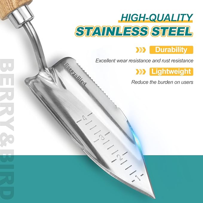 Berry&Bird Potting Trowel, Stainless Steel Serrated Hand Shovel, Wood Handle Garden Trowel Tool with Measuring Scale for Effortless Digging,Roots,Planting, Cutting and Transplanting