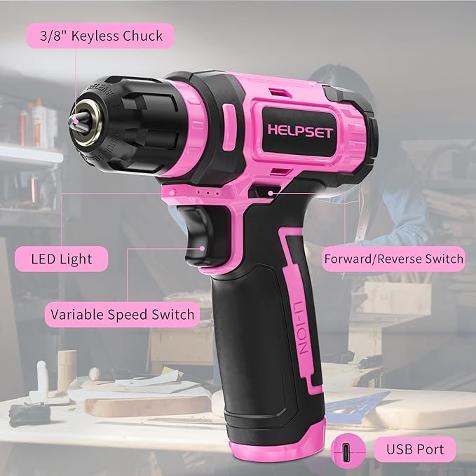 8V Cordless Drill Driver Set - 3/8" Keyless Chuck, 15pcs Drill Bits Included, Built-in LED Light for Drilling & Screwing, Comes with Toolbox for Storage (Pink)