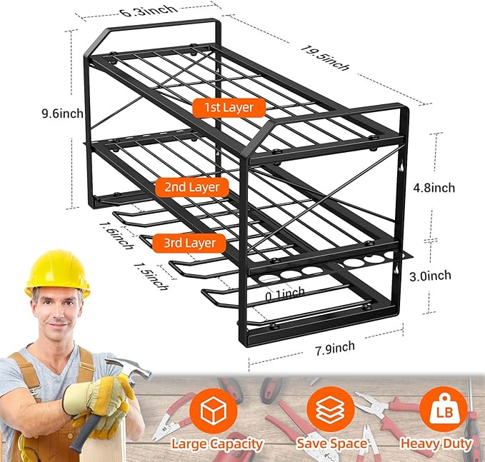 3 Tier Metal Cordless Tool Organizer, Power Tool Organizer Wall Mount for Men Love Tidy Spaces, Heavy Duty Wall Mount Garage Storage For Work Shop, Garage On Pegboard, Wood, Concrete