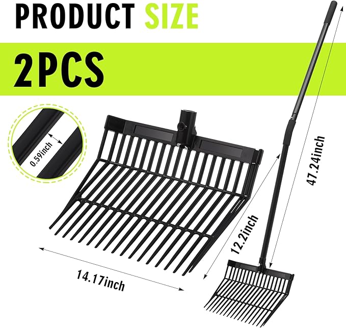 Lasnten 2 Set Pitch Fork Manure Fork with Long Handle Pitchfork Muck Rake Tool for Gardening Horse Stall Stable Grass Hay Cleaning Farm Work(Plastic Head)