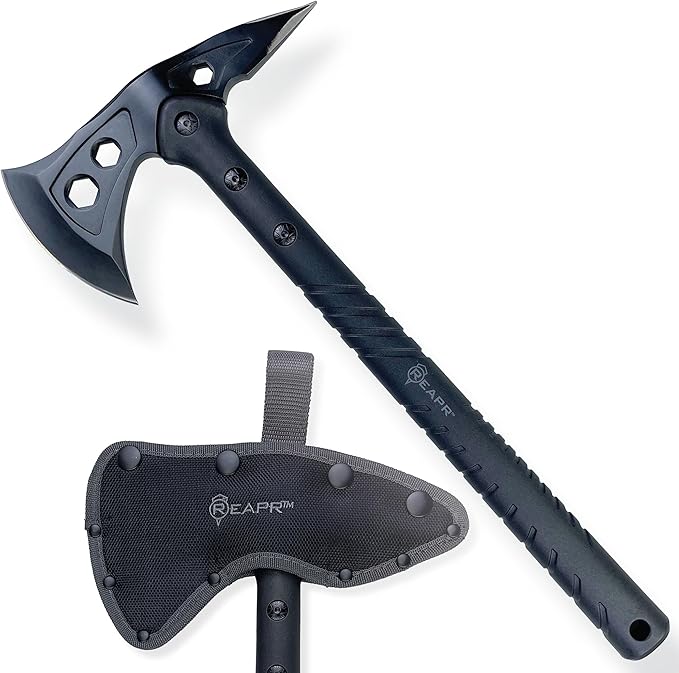 Reapr Tactical Hawk 7" Dual-Blade Throwing Axe – Survival Tomahawk with Spike & Axe Head, Stainless Steel, Nylon-Fiberglass Handle, Belt Sheath – Camping, Hunting, Wood Splitting, Gift for Outdoorsmen