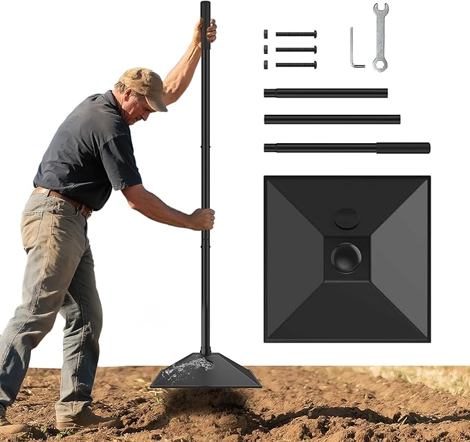 New multi purpose steel tamper with water-filled weighting and rubberized handle, 10x10in-57in, 3-section handle for compacting soil gravel asphalt and driveways, garden and landscaping tools